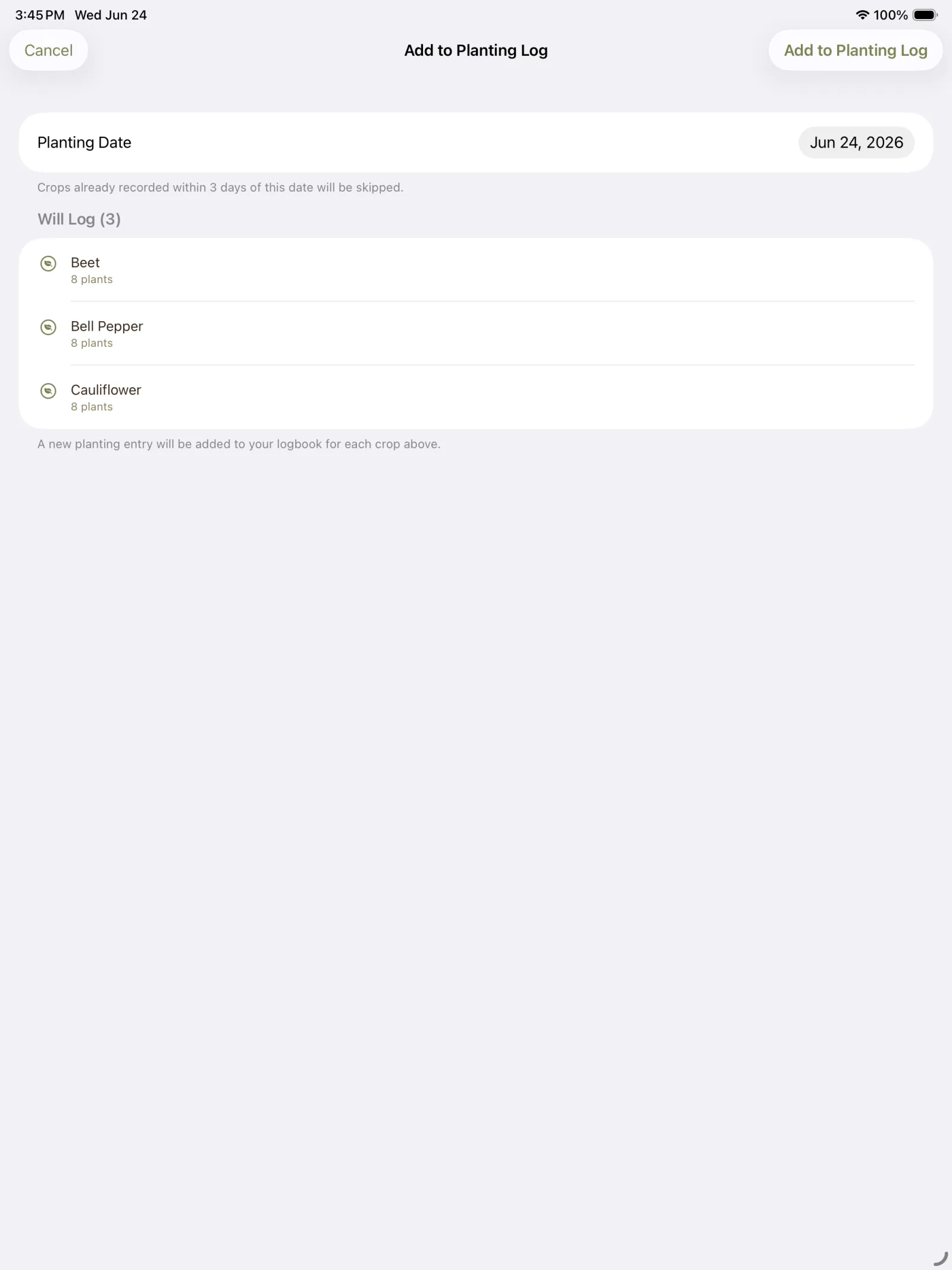 Add planting log form with planting date, bed, crop, and notes fields.